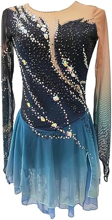 Figure Skating Dress,Girls Dark Blue Thumbhole Halo Dyeing Rhinestone Skating Performance Competition Wear Costume