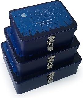 Luwint Metal Box Night Sky Pattern Decorative Storage Box - Metal Tin Box Container Hinged Art Organizer with Lock, Ideal Gift for Friends Mother Father (Set of 3 / Large Medium Small)