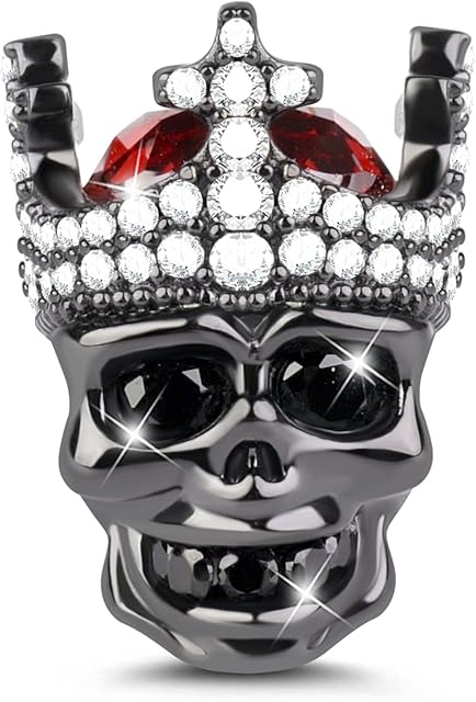 GNOCE Skull Charm Bead 925 Sterling Silver Black Crown Charm Black Plated with CZs Fit for Bracelet/Necklace Christmas Charm Gifts for Women Men