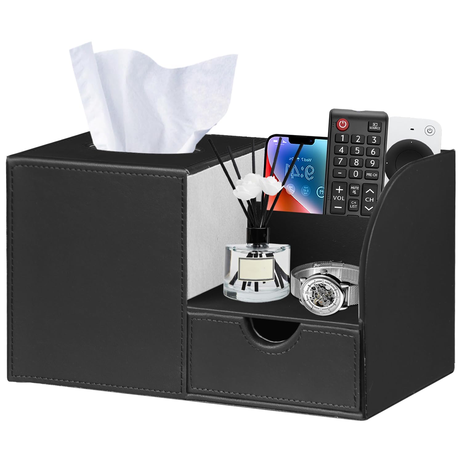 Black PU leather nightstand organizer with tissue box cover