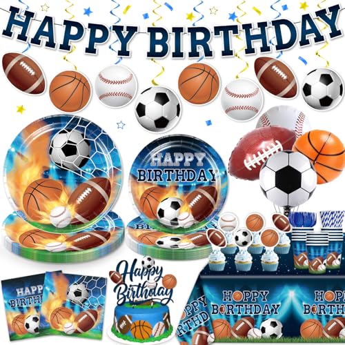 186Pcs Sports Birthday Party Decorations- Amp Up Your Sports Themed Party for 25 Guests. Includes Banner, Plates, Tablecloth, Cupcake Toppers and Aluminum Balloons for Boy Birthday Party Decorations