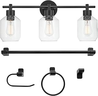 GLOBE Electric 65556 All-in-One 5-Piece Bathroom Set, Matte Black Finish, 3-Light Vanity with Clear Glass Shades, Towel Ring, Toilet Paper Holder, Robe Hook, and Towel Bar, Modern Bathroom Lighting