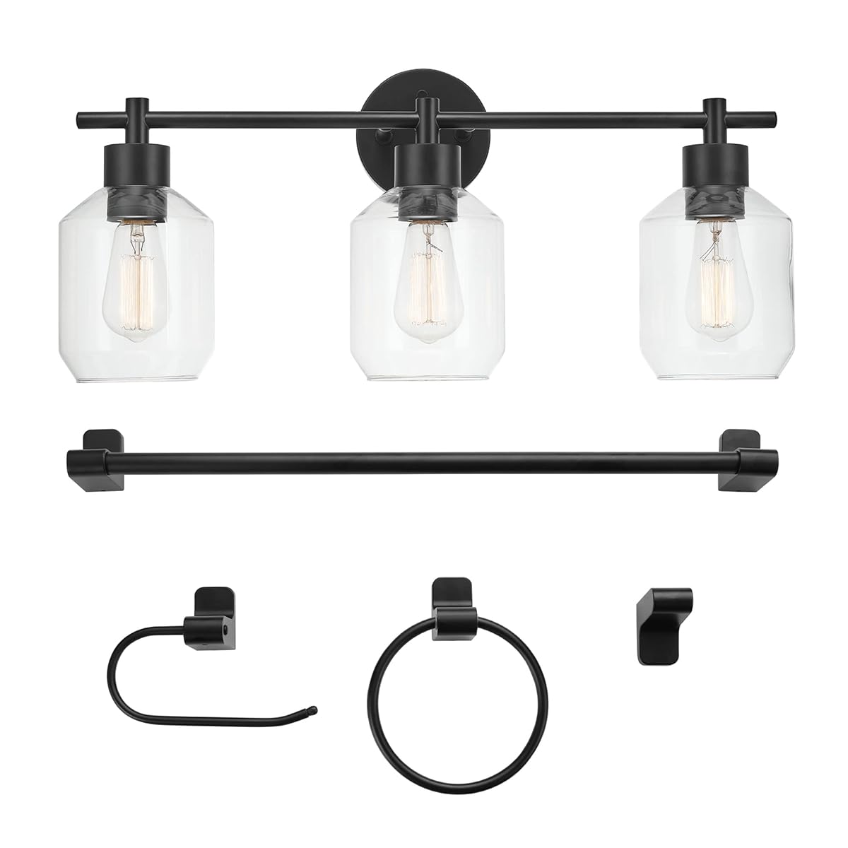 Globe Electric Cannes 5-Piece Bathroom Set, Matte Black, 3-Light Vanity Light,