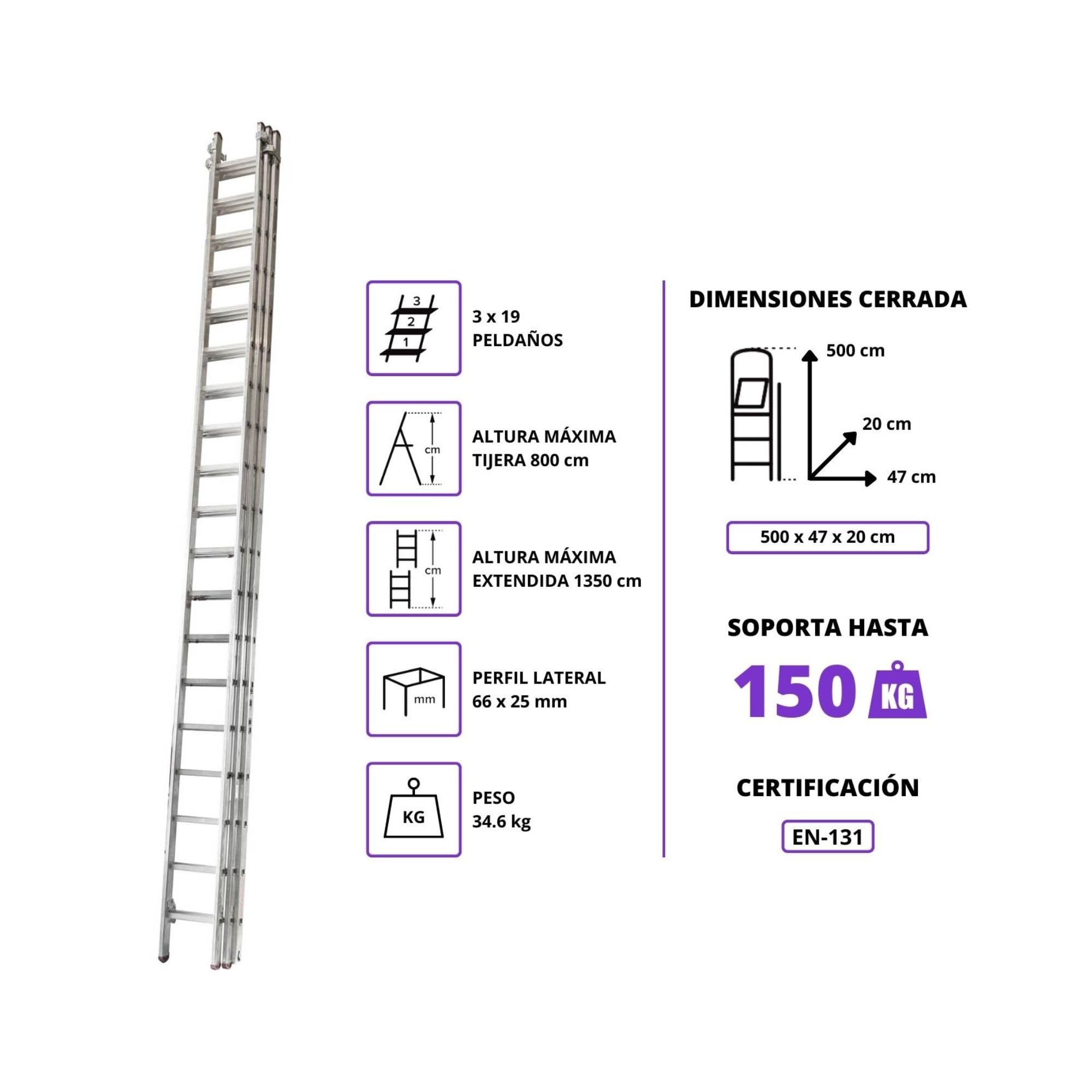 Homelux Escalera Triple Profesional de Aluminio 3x19 Peldaños Extensible Multiposición