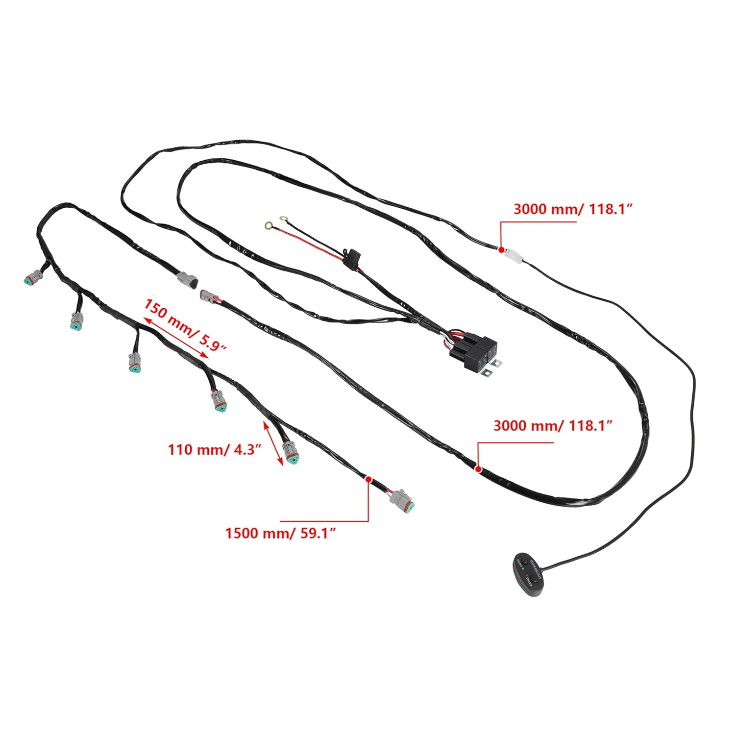 Auxbeam Wiring Harness Kit 18AWG 3PIN DT Plug Wiring Harness ML 10AWG+DRL for 6 PCS LED Pod Lights LED Offroad Lights