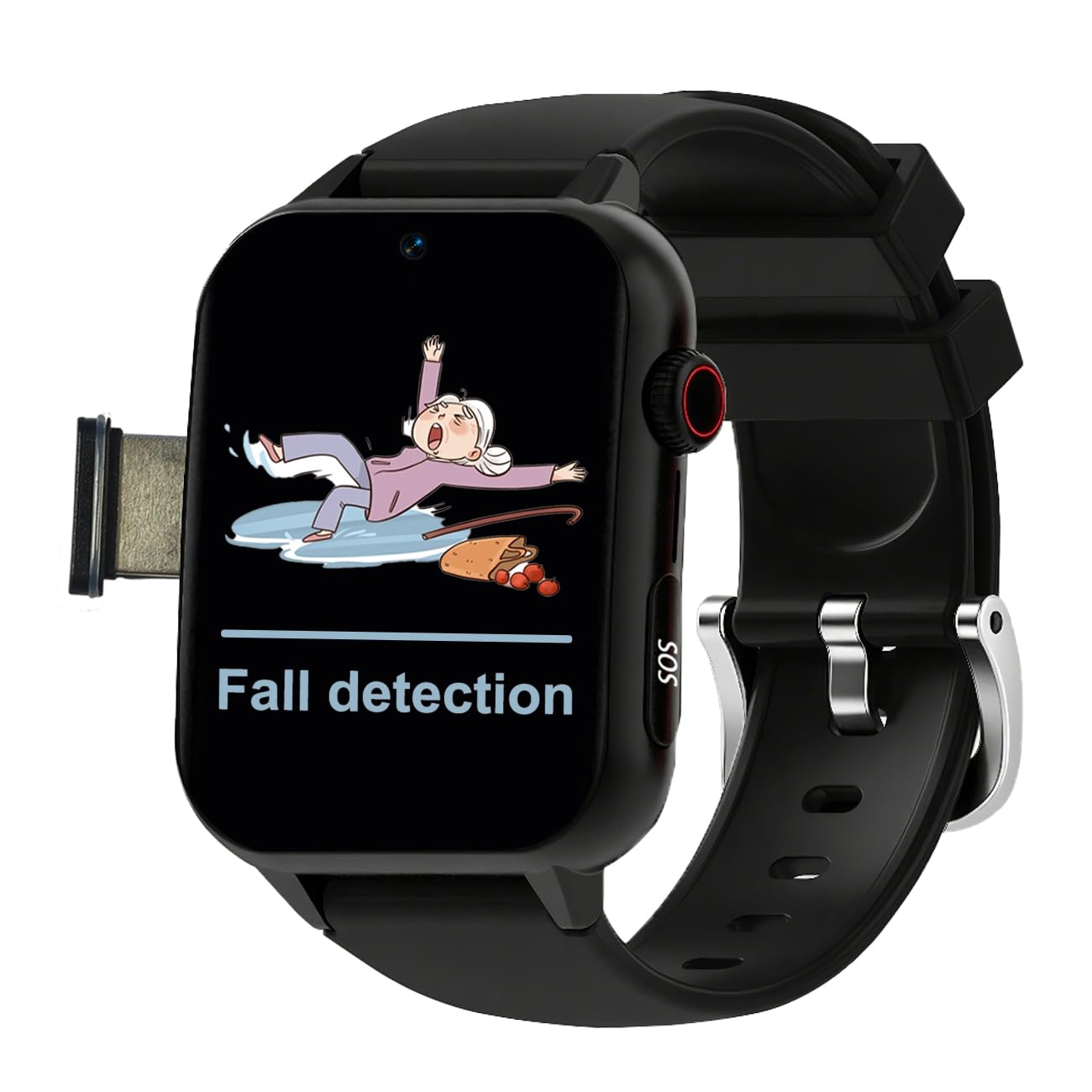 Montre 4G pour Seniors avec Détection De Chute, Bouton SOS, GPS, Appels Vidéo HD, pour Alzheimer Et DémenceBlack,1.96 * 1.57 inch