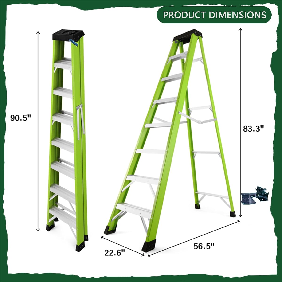 8-FT Fiberglass Step Ladder, 500 lb Capacity Non-Conductive Ladder for Electrical Work, A-Frame Design with Wide Steps and Non-Slip Rubber Feet, Heavy-Duty Professional Grade, Green (7 Steps 8ft)