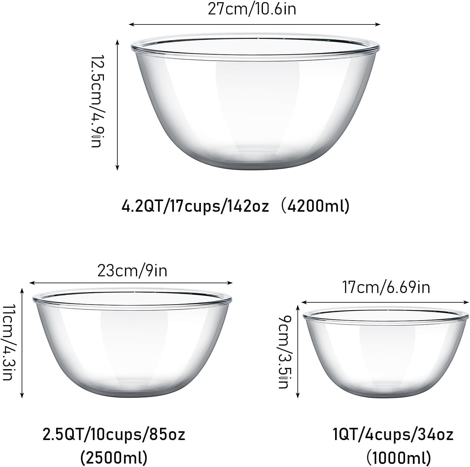 Lot de 3 Bols Mélangeurs en Verre, Saladiers Empilables en Verre Borosilicate pour Conservation des Aliments, Pâtisserie et Préparation, Compatibles Micro-ondes et Lave-vaisselle (0,95 L, 2,4 L, 4 L)