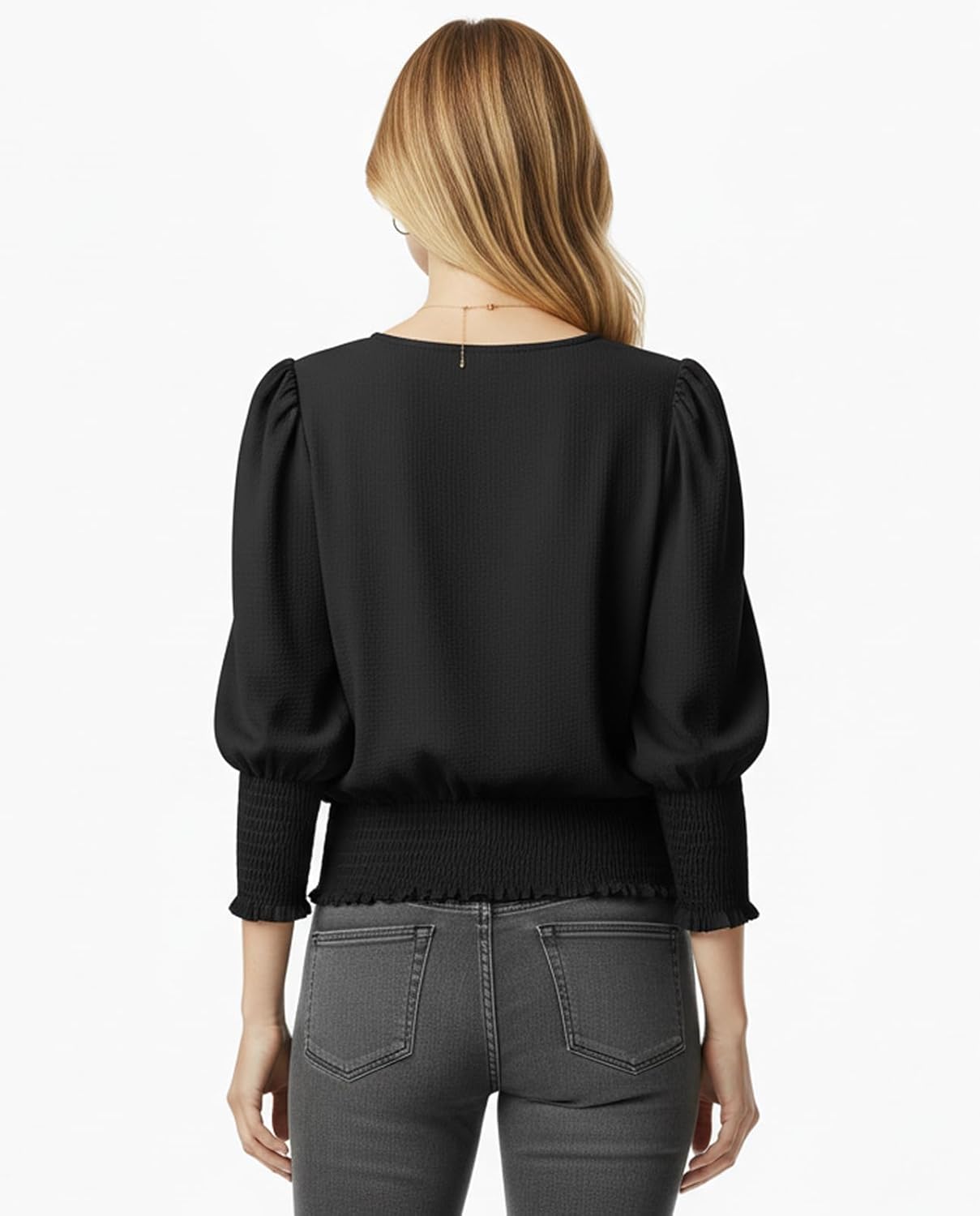 Women Cinched Waist Tops Banded Bottom Puff Sleeve Smocked Top Chiffon Blouse Dressy Casual Outfits - Image 6