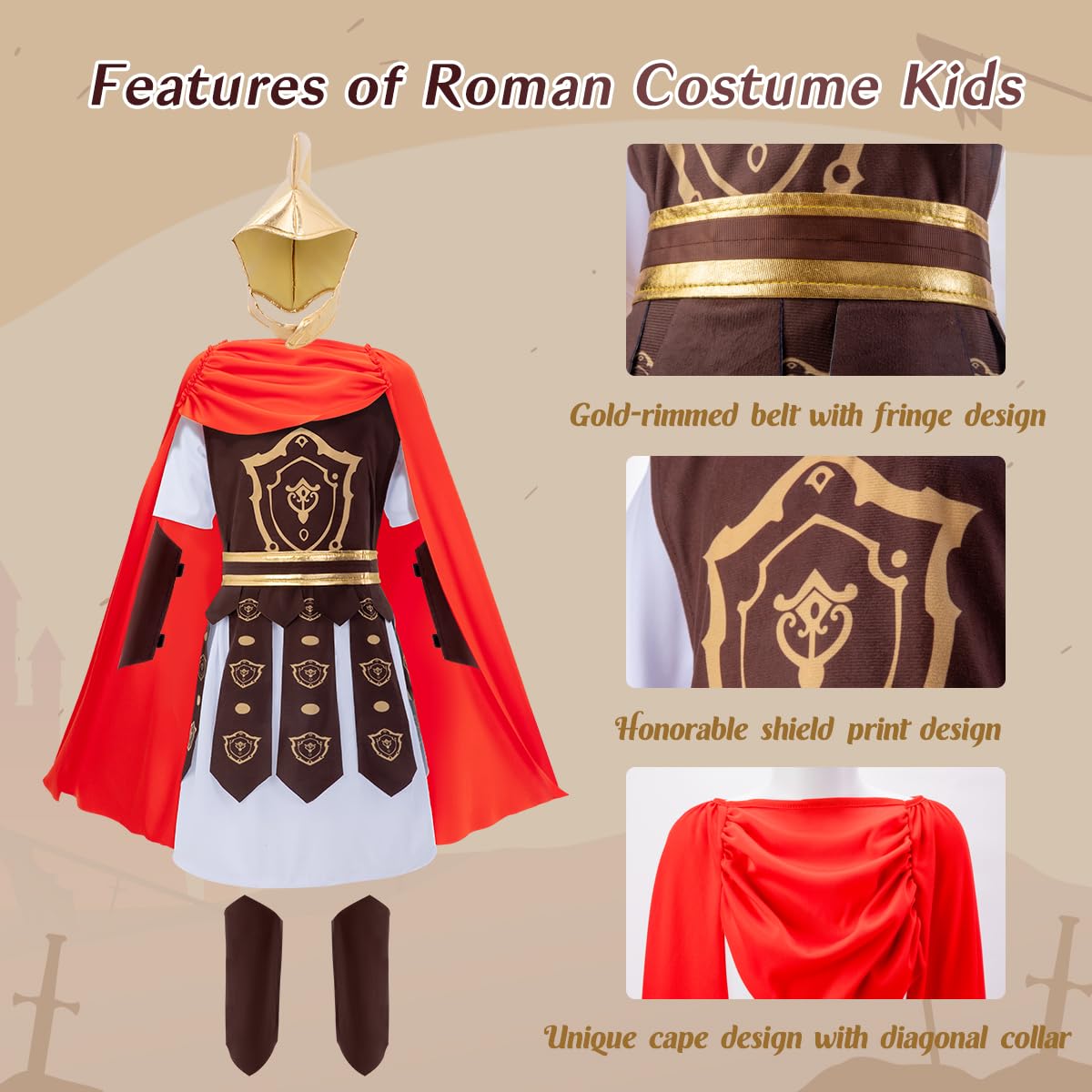 WIKITOT Roman Costume Kids, Roman Soldier Costume with Golden Helmet, Greek Costumes for Boys Age 5-13 - Image 2