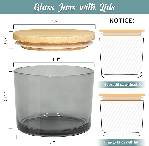 Miniatura 3 de SUPMIND Tarros de vela de 3 mechas de 16 onzas, paquete de 6 tarros grandes vacíos de vidrio gris con tapas de bambú, con calcomanías y etiquetas,
