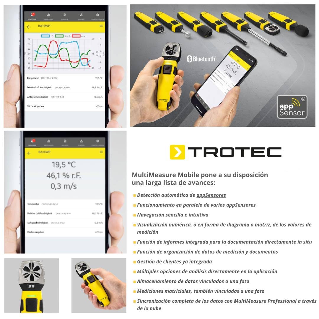 TROTEC Windmesser BA16WP – Windmessgerät, Anemometer – Messbereich 0,6 bis 30 m/s, MultiMeasure Mobile App