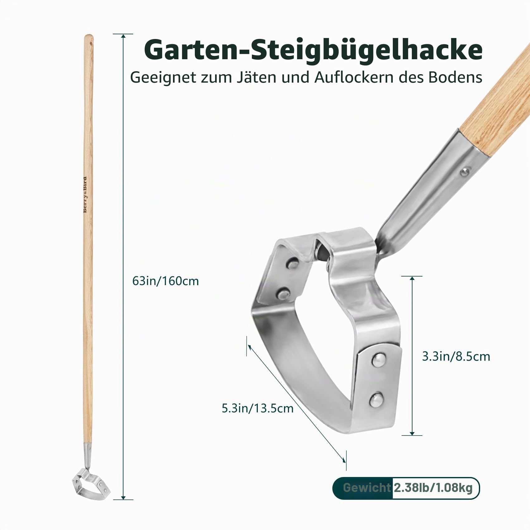 Berry&Bird Hula-Hacke, 160 cm Edelstahl-Bügelhacke, Aktionshacke zum Unkrautjäten, Scuffle Hoe mit Holz-Langstiel zum Jäten im Stehen auf dem Blumenbeet und zwischen den Pflanzen
