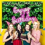 7x5ft Green Leaves Happy Birthday Decoration for Women Shiny Pink Neon Sign Party Backdrop Banner for Girl Princess 20th 30th 40th 50th Birthday Background Photo Booth Props - Image 3