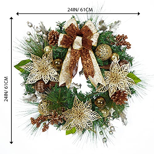 24" Prelit Christmas Wreath with Lights, Battery Operated Xmas Garland with Decorations, Wreath for Front Door Porch Wall Window Fireplace Outdoor Home Holiday Accent