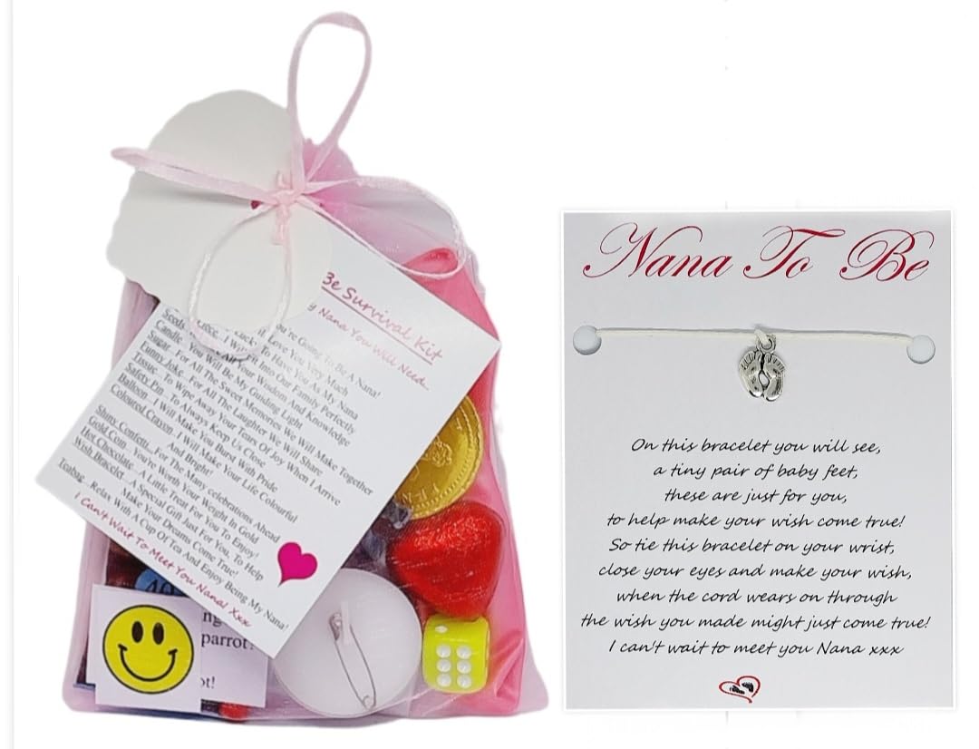 Leia-Marie's Celebration Gifts Nana to Be Survival Gift Kit from The Baby Bump | with A Lovely Keepsake Baby Feet Charm Wish Bracelet Included | A Great Gift to Congratulate The New Nana to Be!