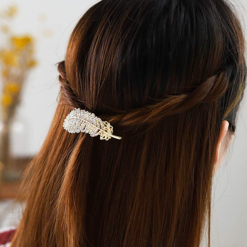 Bartosi Bride Wedding Hair Clips Gold Crystal Hair Clip Feather Hair Barrettes Rhinestones Hairpins Pretty Bobby Pins Hair Accessories for Women and Girls Pack of 2