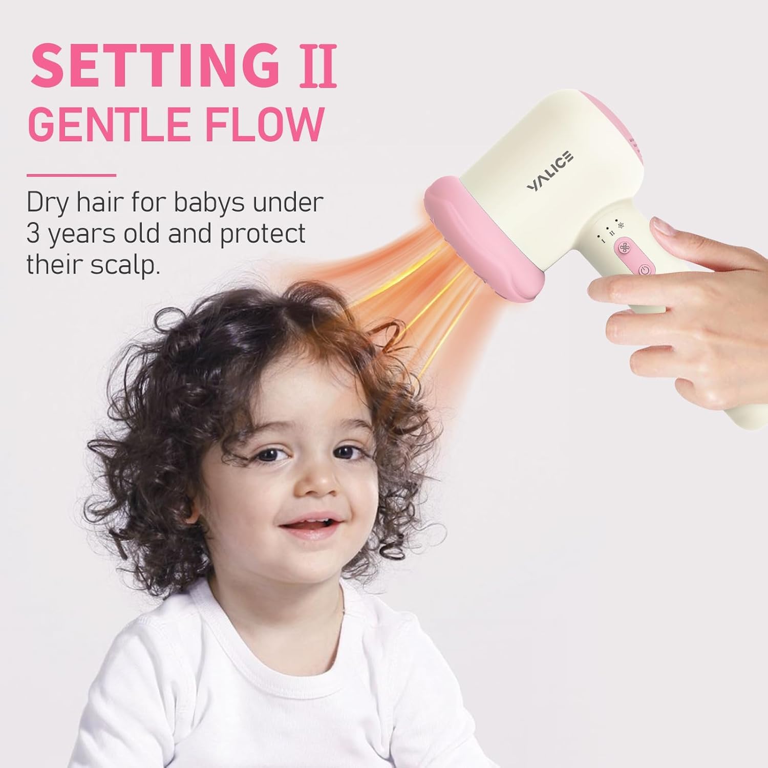 Secador de pelo inalámbrico para bebé, mini secador de pelo para niños, recargable, bajo ruido, calor suave para la piel de los glúteos del bebé con 3 ajustes de velocidad, 0-3 años de uso (rosa)