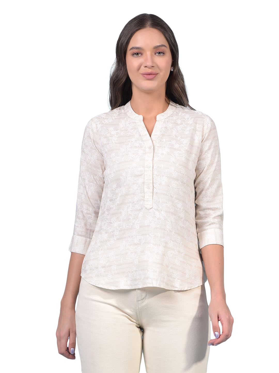 crimsoune club Women's Beige Floral Print V-Neck Linen Top-picture-34