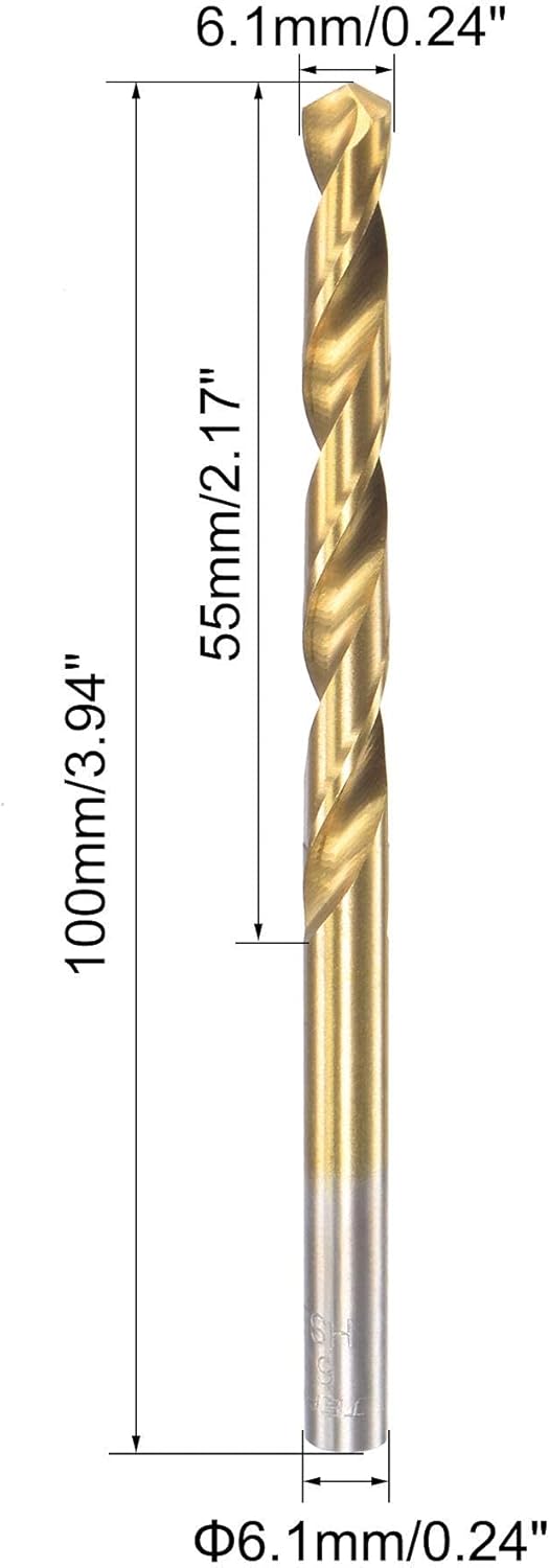 sourcing map 6.1mm Drill Bits High Speed Steel Straight Shank 100mm Length Twist Drill Bit Fully Ground Titanium Coated 2 Pcs - Image 3