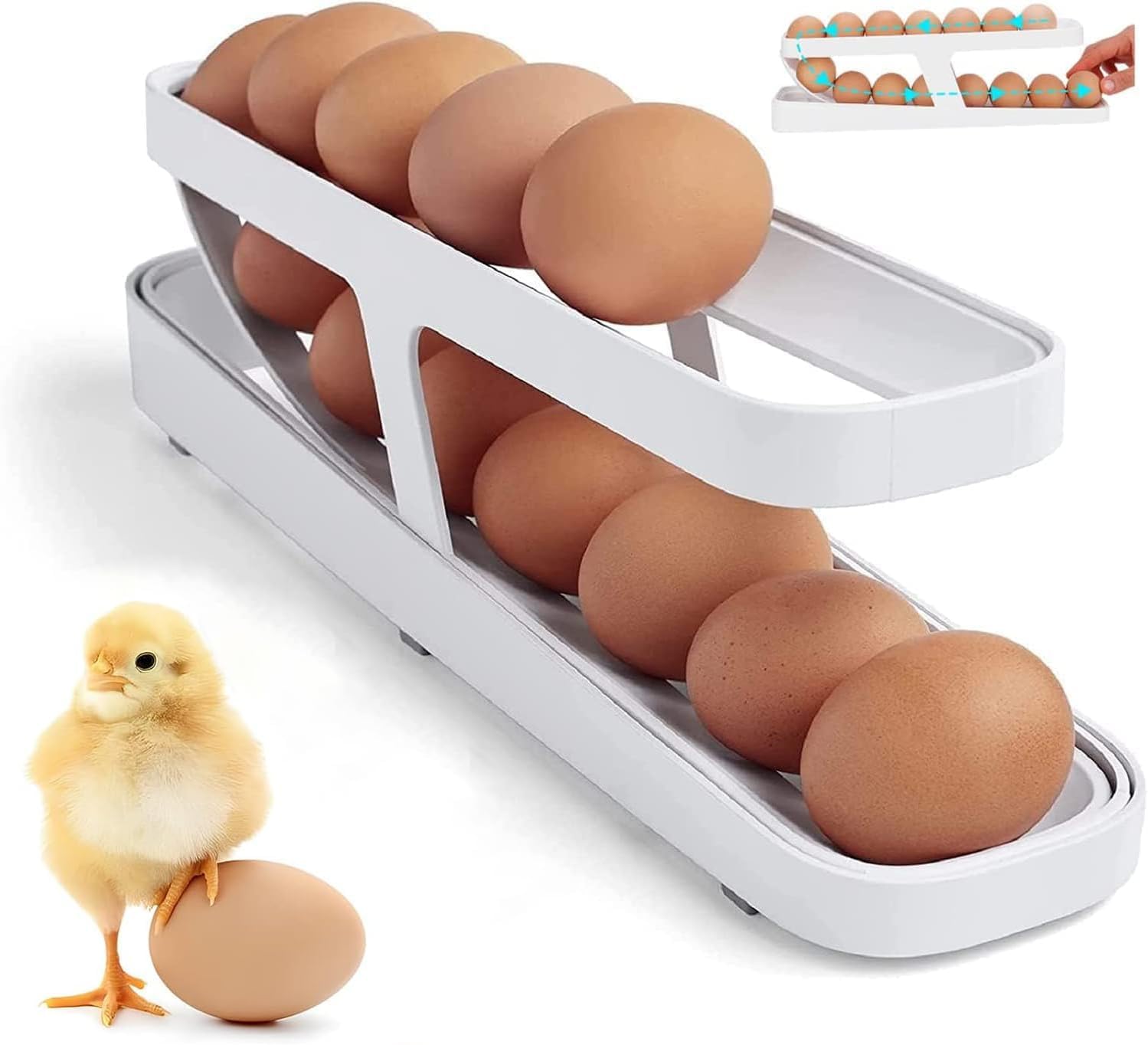 HomeCloud Polypropylene 2-Tier Rolling Egg Dispenser For 12-14 Eggs, Space-Saving And Durable Storage Solution With Gravity-Fed Design, Ideal For Fridge And Pantry (White), Rectangular
