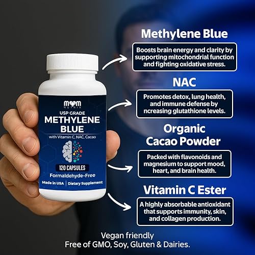 Miniatura 4 de Grado farmacéutico azul de metileno - Cápsulas de azul de metileno de grado USP para humanos con vitamina C, NAC, cacao en polvo, sin formaldehído,
