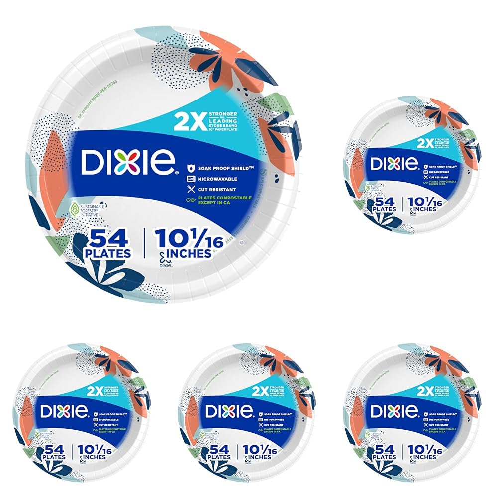 Dixie Large Paper Plates,10 Inch,2X Stronger*,Microwave-Safe,Soak-Proof,Cut Resistant,Disposable Plates for Everyday Breakfast,Lunch,&amp; Dinner Meals,54 Count (Pack of 5)