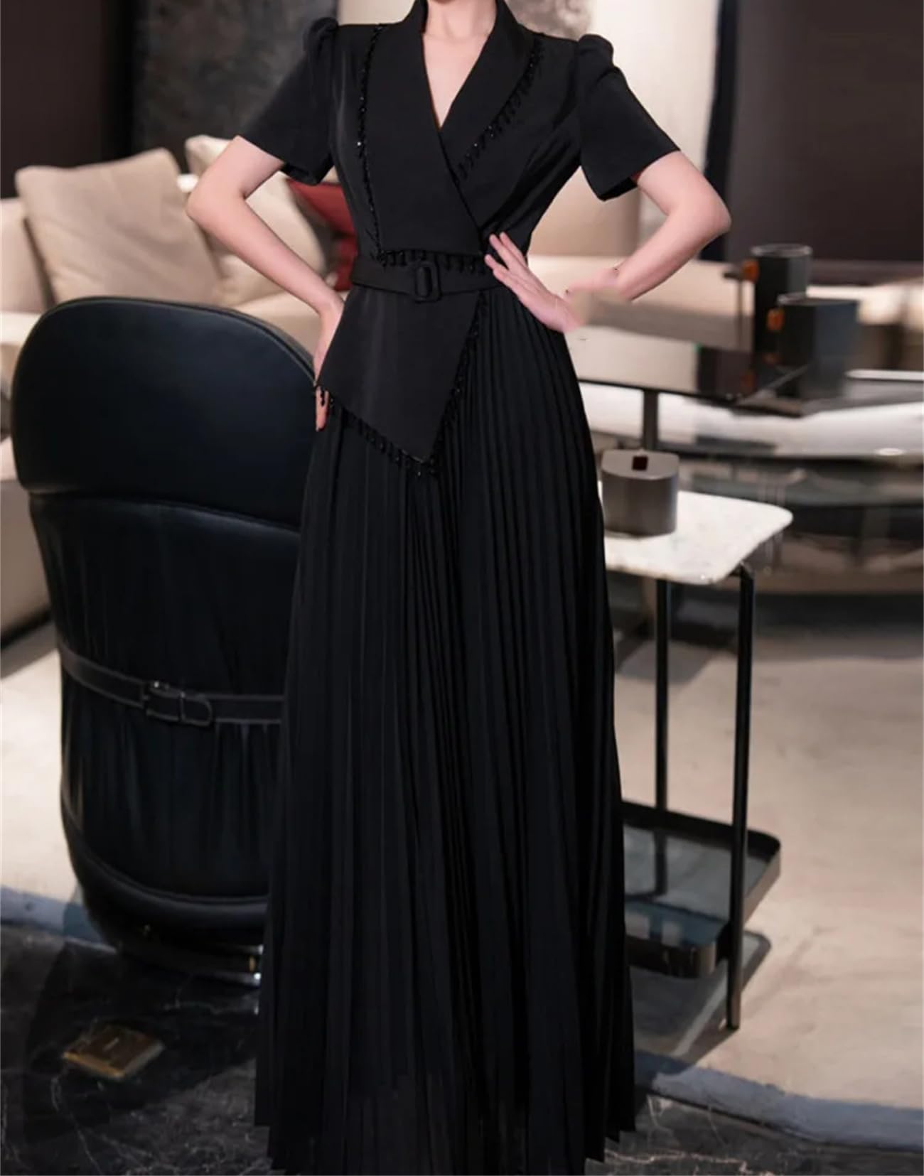 Yeuyyben Moda pieghe irregolare vestito donna girare giù collare manica corta cintura abiti