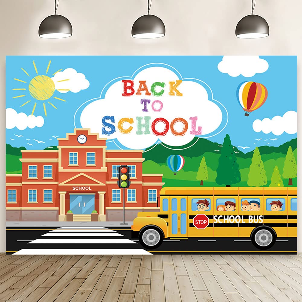 MEHOFOND 7x5ft Back to School Cartoon Backdrop School Bus First Day of School Photography Background Welcome to Kindergarten Blue Sky White Clouds