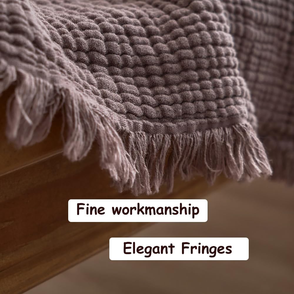 100% Cotton 4-Layer Muslin Blanket with Fringes, 80"x90", Dusty Mauve Bed Blanket, Ultra-Soft Gauze Boho Bedding for All Seasons, Breathable for Couch, Bed(Dusty Mauve,Queen) - Image 3