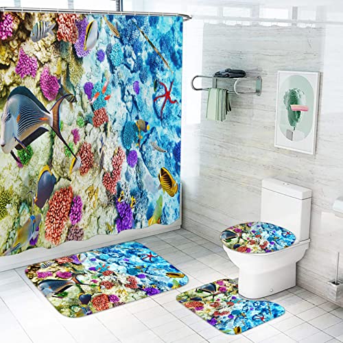 LKFFHAVD Unter Dem Meer Duschvorhang 180x180, Korallenriff Badezimmerteppich 4-teiliges Set, Shower Curtains Wasserdicht Dekorieren Sie Ihr Badezimmer (120 * 200CM,2)