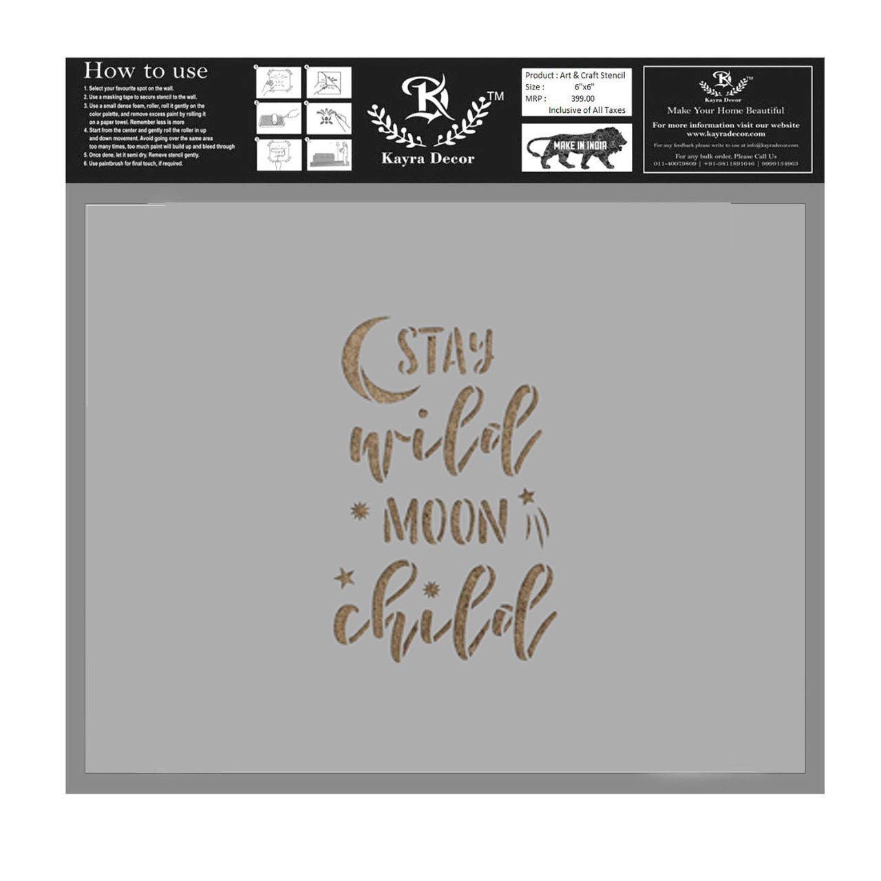 Kayra Decor Reusable Stay Wild Moon Child Stencil Painting Stencils for Art and Craft,Walls,Floor,Painting Canvas Art,T-Shirt, Cookie & Cake Decoration,Drawing Stencils for Kids, 6"x 6" (Pack of 1)