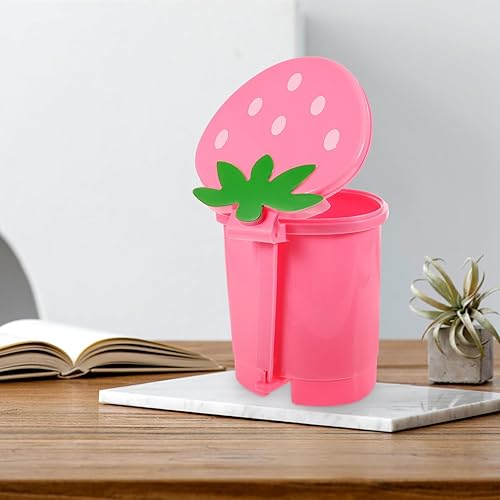 Miniatura 4 de Papelera de escritorio, contenedor de plástico rosa con tapa, tamaño mini para oficina en casa, decoración creativa