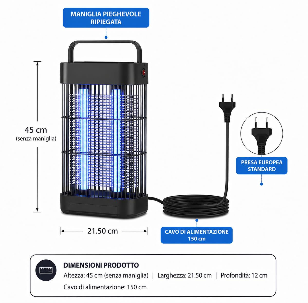 Lampada Antizanzare Elettrica 20W UV LED per Interno ed Esterno – Ammazza Zanzare e Mosche con Vassoio Estraibile – Killer Insetti per Casa, Balcone, Camera da Letto e Terrazza – Copertura 100 m²