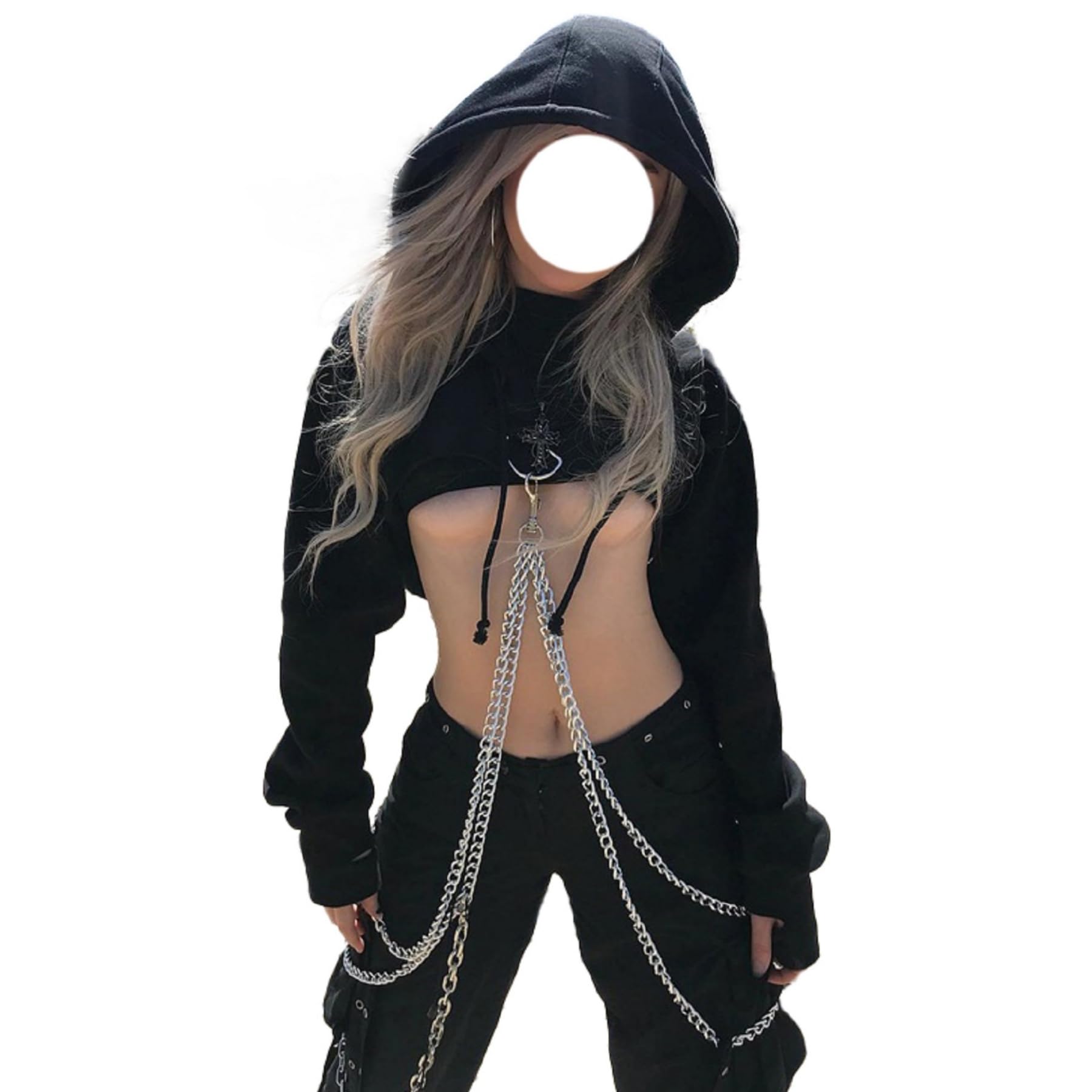 Kapuzenpullover für Damen, Gothic-Stil, reflektierender Druck, bauchfreies Top, Pullover, Sweatshirt, Pullover mit Kette, Gothic-Punk-Kapuzen-Sweatshirt