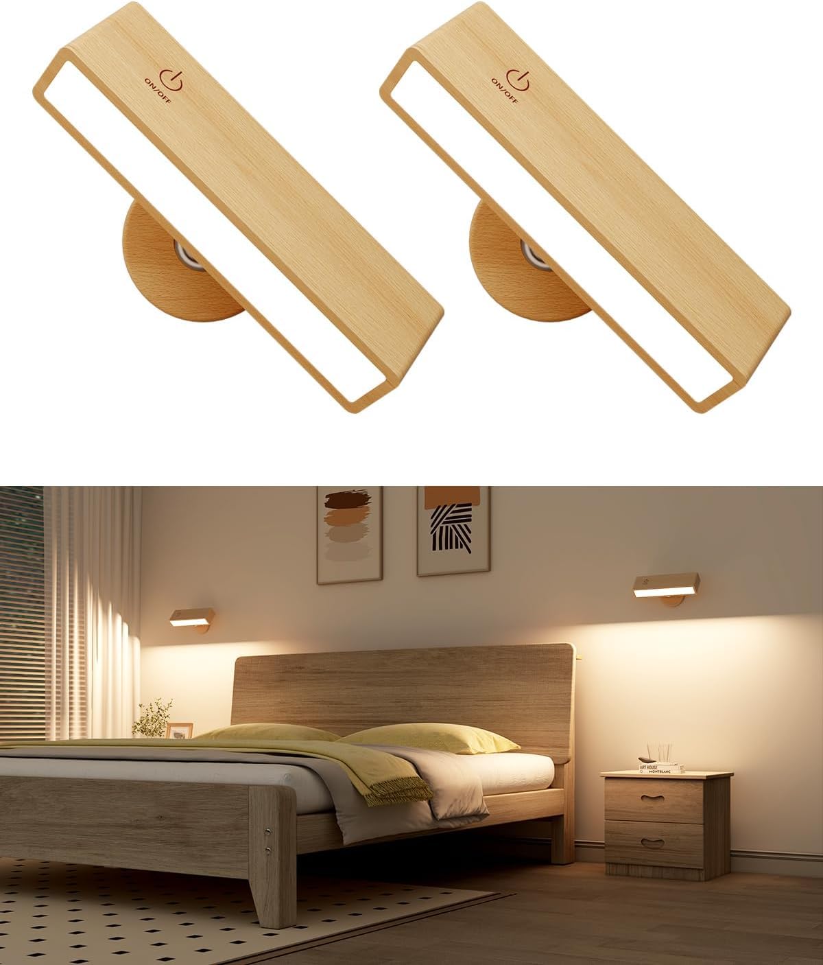 Wall Sconces Set of 2 Rechargeable Wall Lights with 360 Rotation - Dimmable Battery Operated Wall Sconce - Bedroom Wireless Wall Mount Light for Picture - Living Room (2 Pack)