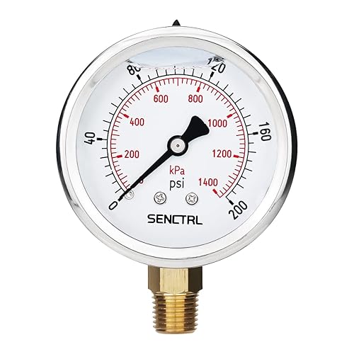 Medidor de presión relleno de líquido de glicerina de 0-200 psi, tamaño de dial de 2.5", montaje inferior NPT de 14", caja de acero inoxidable, para