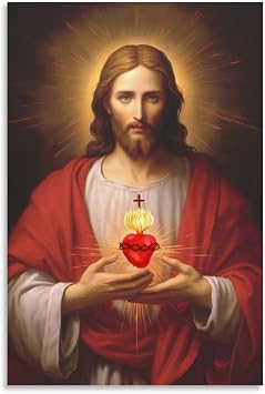 HHGaoArt Sacred Heart of Jesus Poster Christ Picture Religious Catholic Canvas Wall Art Mary Picture for Church Living Room Decor 02,16x24inch-Unframe