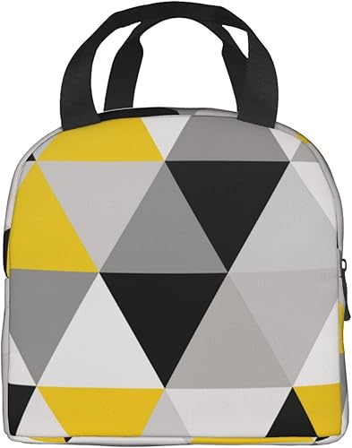 Miniatura 3 de Bolsa de almuerzo reutilizable con aislamiento, triángulos geométricos blancos, amarillos y grises, caja de mano para preparación de comidas para