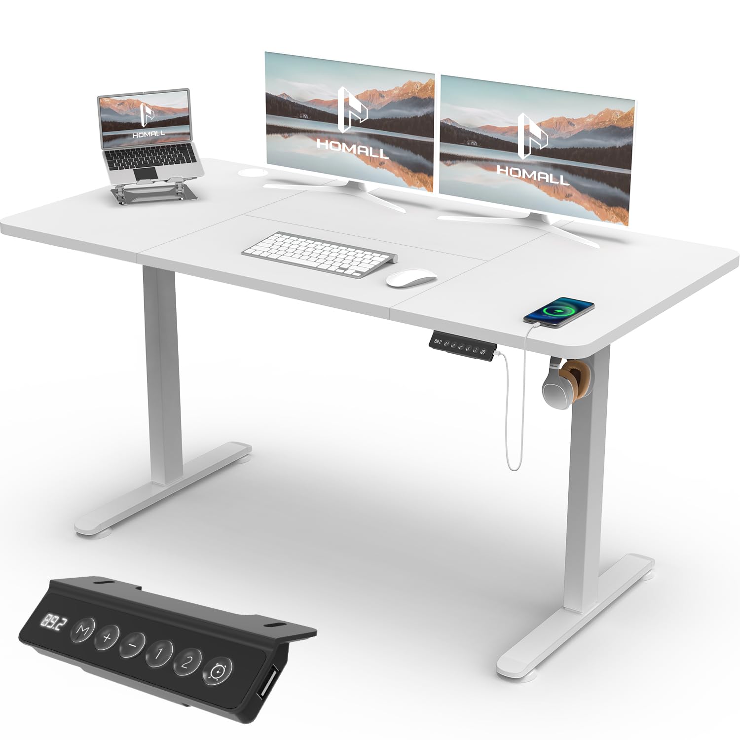 Homall 140X60 Cm Escritorio Elevable con Toma USB, Escritorio Elevable Eléctrico con Funciones De Sistema Anticolisión, Mesa De Escritorio con Soporte Eléctrico,Blanco
