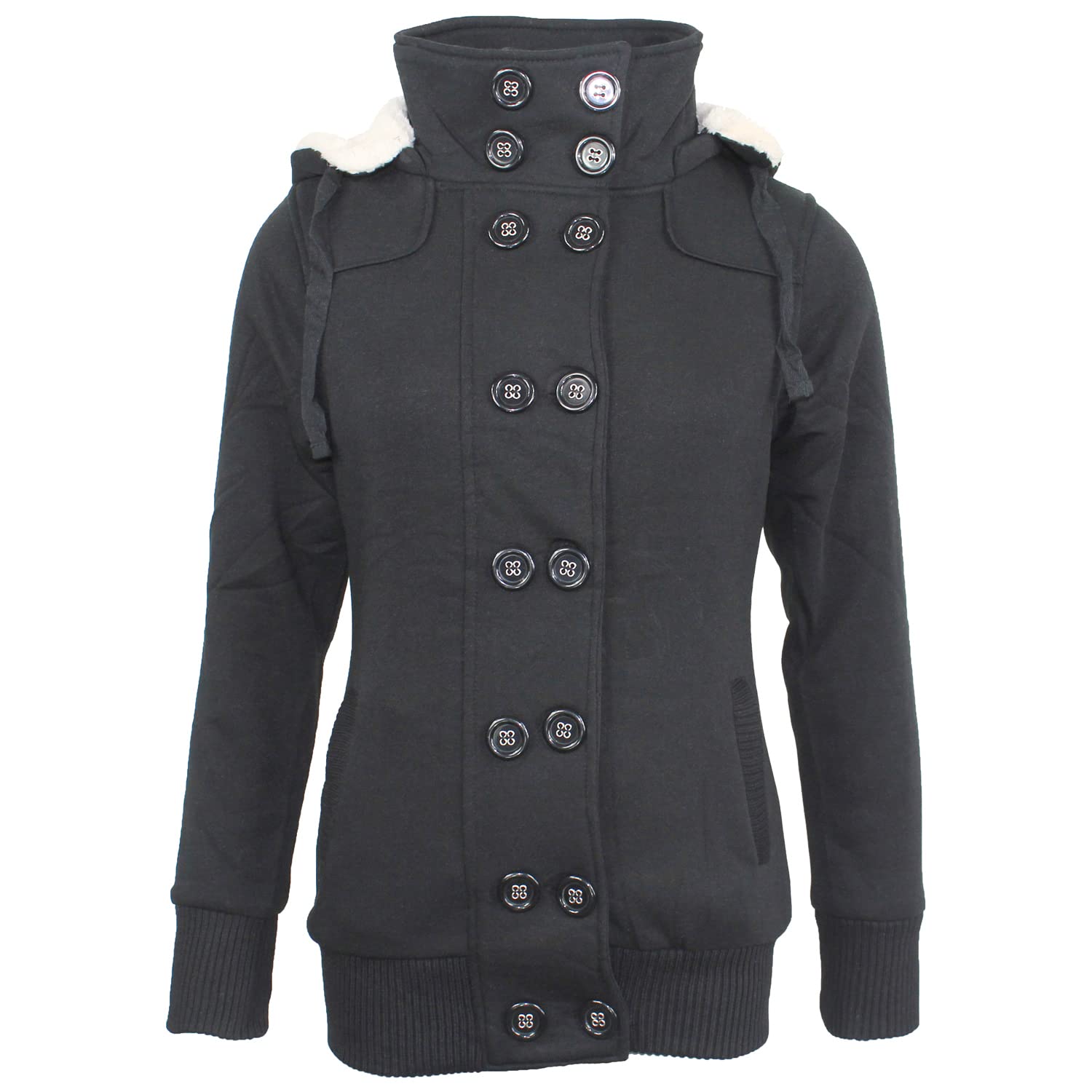 Damen Jacke Mantel Doppelreiher Winterjacke mit Kapuze Dufflejacke Dufflecoat Blazer gefüttert Trenchcoat in Schwarz und Grau