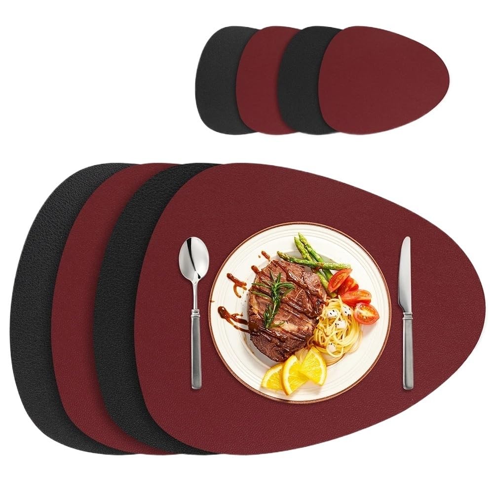 Faux Leather Placemats PU Leather Placemat and Coaster Set of 4/8 Dual-Sided Waterproof Wipeable Place Mats for Home Restaurant(Red Black,Set of 8)