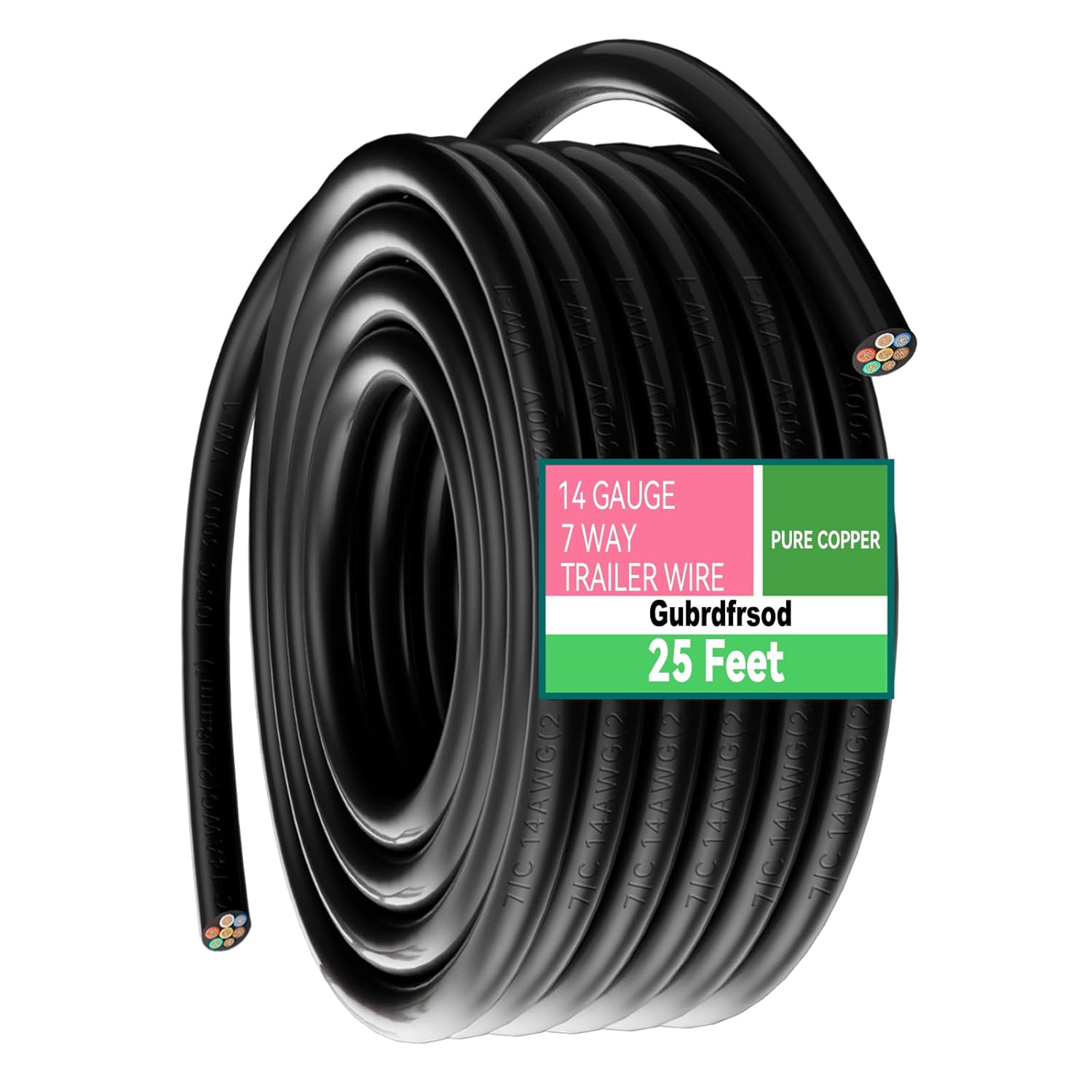 25 FT Heavy Duty 14 Gauge 7 Way Trailer Wire Color Coded 7 Wire Trailer Cable with Jacketed Insulated 7 Way Round Stranded Pure Copper Conductor Wiring - 25 FT ROLL