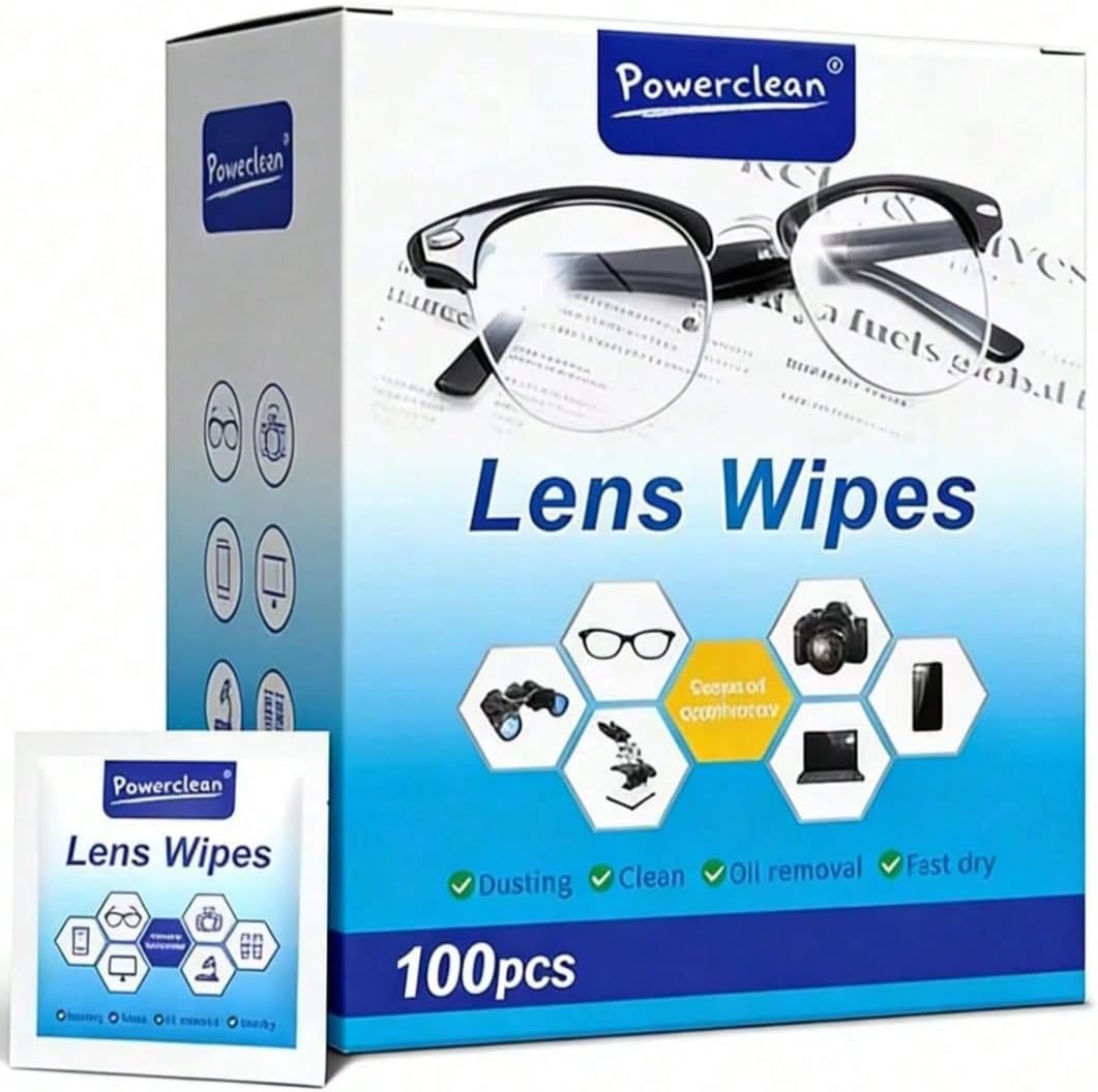 100 Count Lens Cleaning Wipes for Eyeglasses, Individually Wrapped Pre-Moistened Lens Wipes, Streak-Free and Scratch-Free Cleaner for Glasses, Sunglasses, Camera Lenses, Phones and Screens