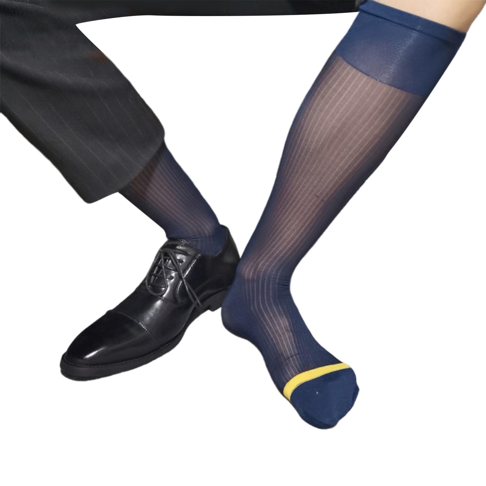 Bogeel Men's Gold Lines And Navy Nylon Sheer Fine Striped Dress Socks Business Socks High Elastic See Through Elegant Formal Dress Tube Stockings,Nylon