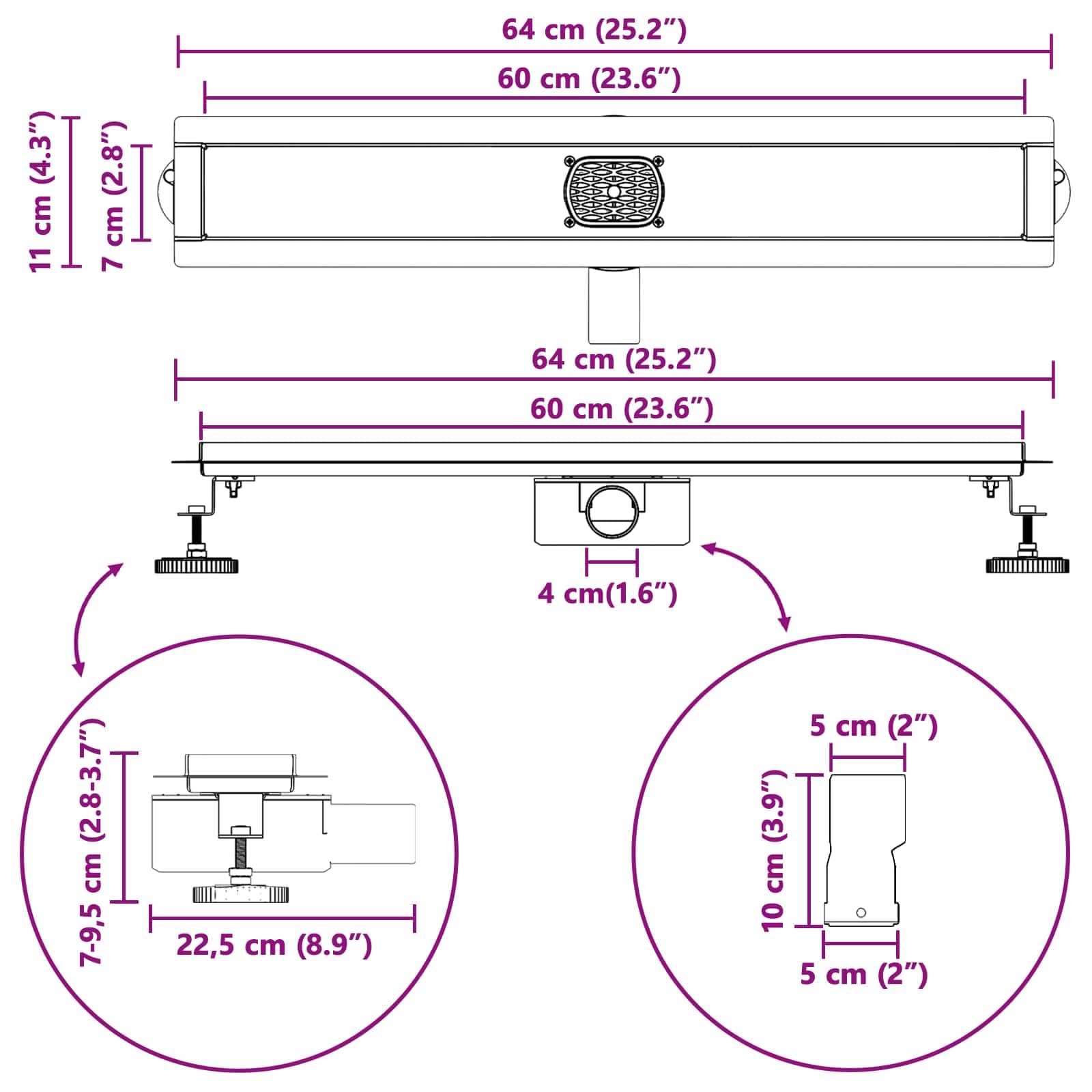 Scarico doccia con tappo in vetro e sifone a 360° in acciaio inox 304, lunghezza 60 cm, regolabile in altezza 0-30 mm, con gancio e guarnizione, per doccia, bagno, montaggio a pavimento