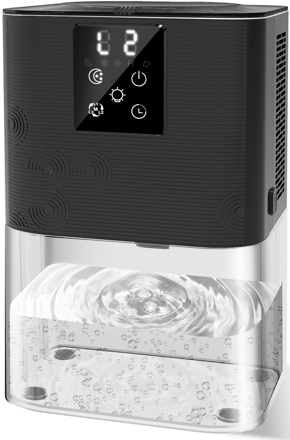 MTOX Dehumidifier, 3L/105oz Water Tank, Dehumidifier for Bathroom Bedroom Basement RV, Ultra-Quiet 28dB Sleep Mode, Auto Shut-Off, Auto Defrost, 7-Color LED Light, Digital Display (Transparent Black)