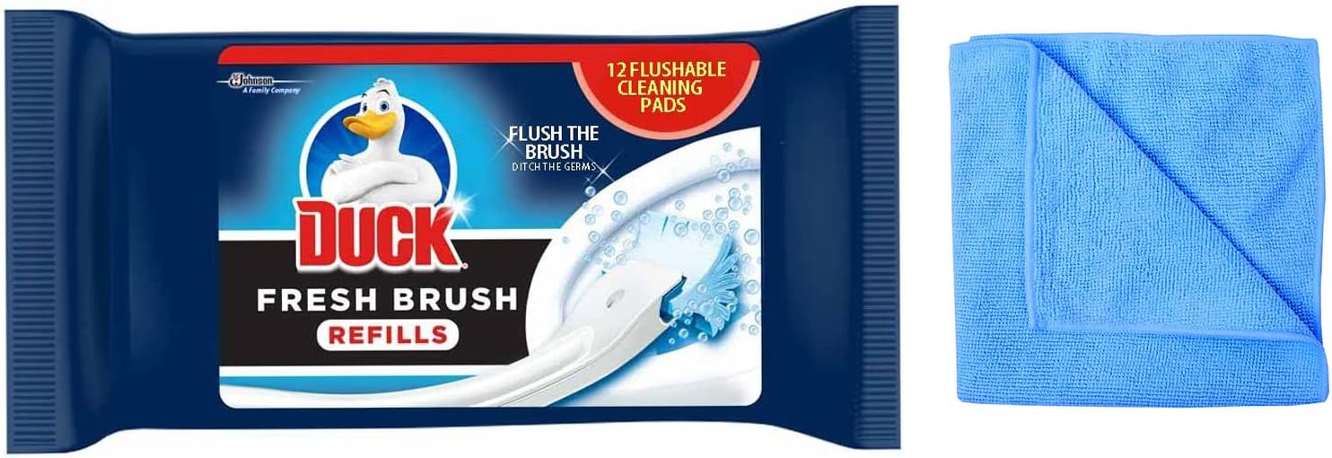 TopestDuck Fresh Brush Refills - 12 Flushable Cleaning Pads- -Biodegradable Duck Toilet Bowl Cleaner (1 Pack) - with Microfibre Cleaning Cloth