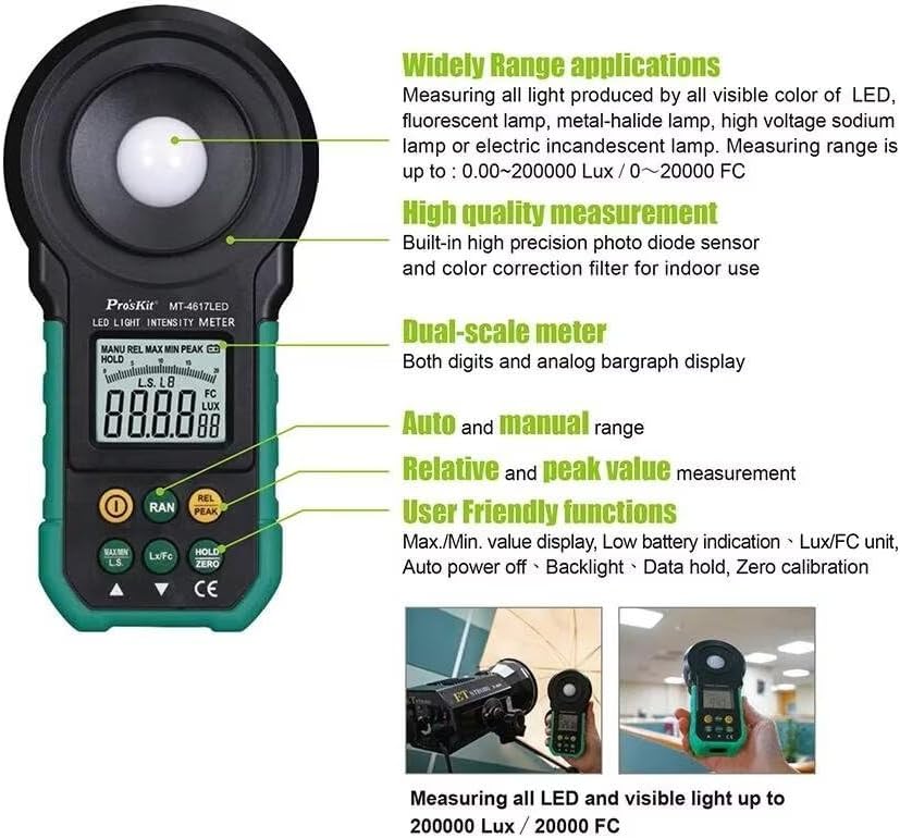 Miniatura 4 de Medidor de iluminación LED Proskit MT-4617 LED-C, instrumento de medición de iluminación, fotómetro, medidor de luz, medidor de brillo