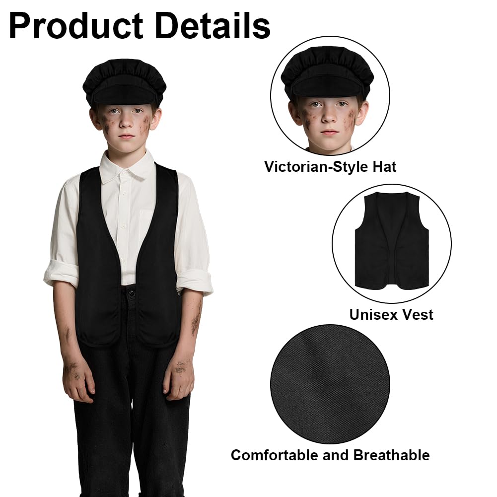 DiULi Victorian Pauper Costume for Kids Black 2-Piece Vest and Hat Set, Chimney Sweep Halloween Fancy Dress - Image 3